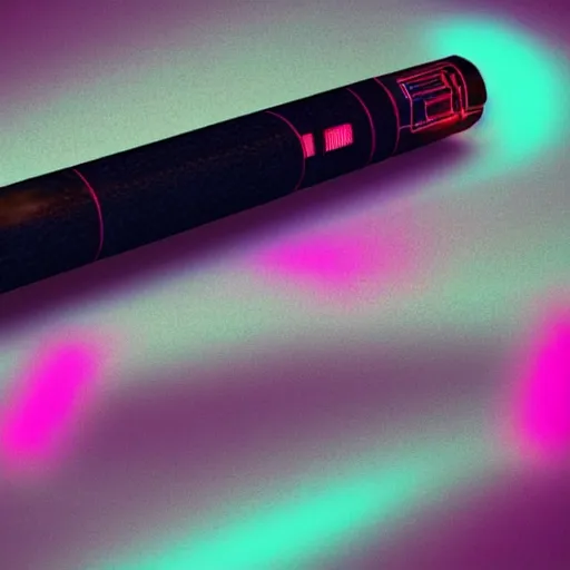 Prompt: A synthwave cigar, inspired by Tron, Trending on Artstation, Digital screenshot,. Faded film grain, 1980s Computer Graphics,