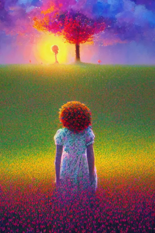 Prompt: flower growing out of girl head, standing in a flower field, big trees, sunrise dramatic light, impressionist painting, colorful clouds, digital painting, pointillism, artstation, simon stalenhag