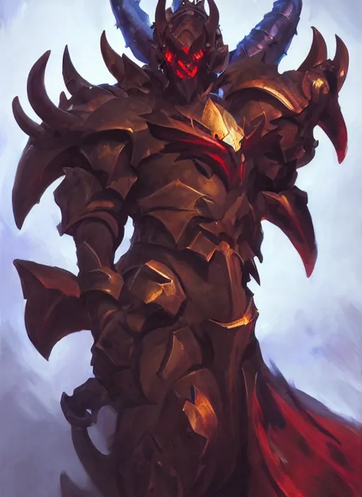 Image similar to Greg Manchess portrait painting of a demonic, devil armored character from league of legends, full shot, asymmetrical, profile picture, Organic Painting, sunny day, Matte Painting, bold shapes, hard edges, street art, trending on artstation, by Huang Guangjian and Gil Elvgren and Sachin Teng