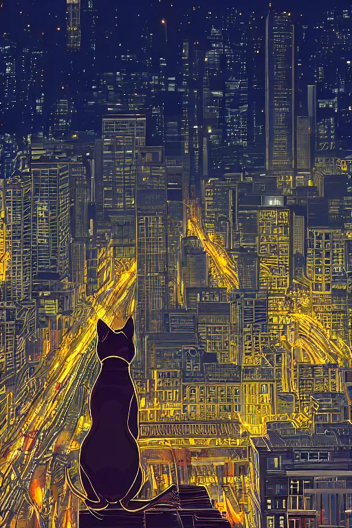 Prompt: cat overlooking bustling downtown city at night, pixel digital artstyle HD