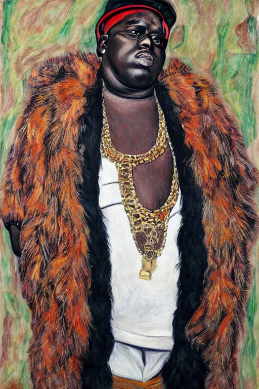 Image similar to full body!! a portrait of biggie smalls aka notorious b. i. g. wearing boho - chic style clothes, with a fur muffler and feathers, realistic painting in egon schiele style, masterpiece, hyperdetailed, complex, intricate, 4 k, hyperrealistic, trending on artstation