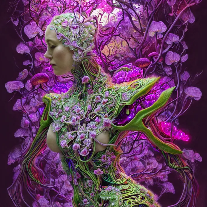 Image similar to extremely psychedelic organic cyborg made of orchid and cherry blossom tree and mushroom, LSD elk, diffuse lighting, fantasy, intricate, elegant, highly detailed, lifelike, photorealistic, digital painting, artstation, illustration, concept art, smooth, sharp focus, art by John Collier and Albert Aublet and Krenz Cushart and Artem Demura and Alphonse Mucha