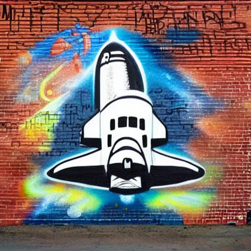 Image similar to space shuttle spray painted on brick wall, graffiti, street art,