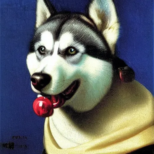 Image similar to A husky dog with a pearl earring by Johannes Vermeer