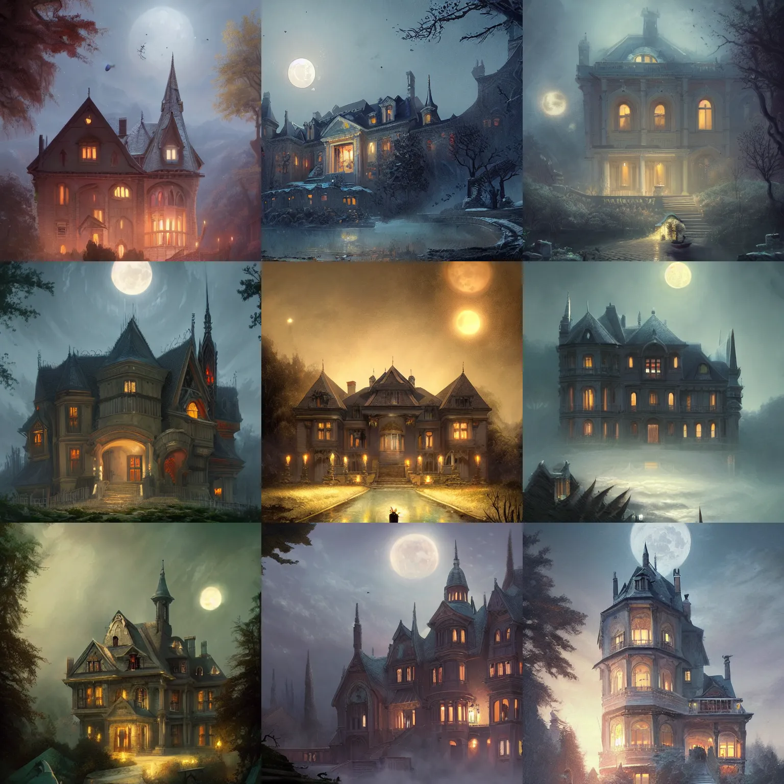 Prompt: A vampire mansion on a hill, a moon is visible on the sky, in the style of Hachmyta and greg rutkowski and thomas kinkade, suspense, thrilling, detailed, epic, trending on artstation