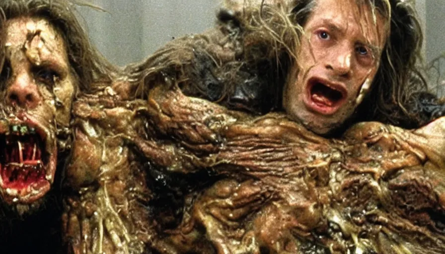 Image similar to a disgusting vile monster eating a man from The Thing, by Cronenberg and greg nicotero