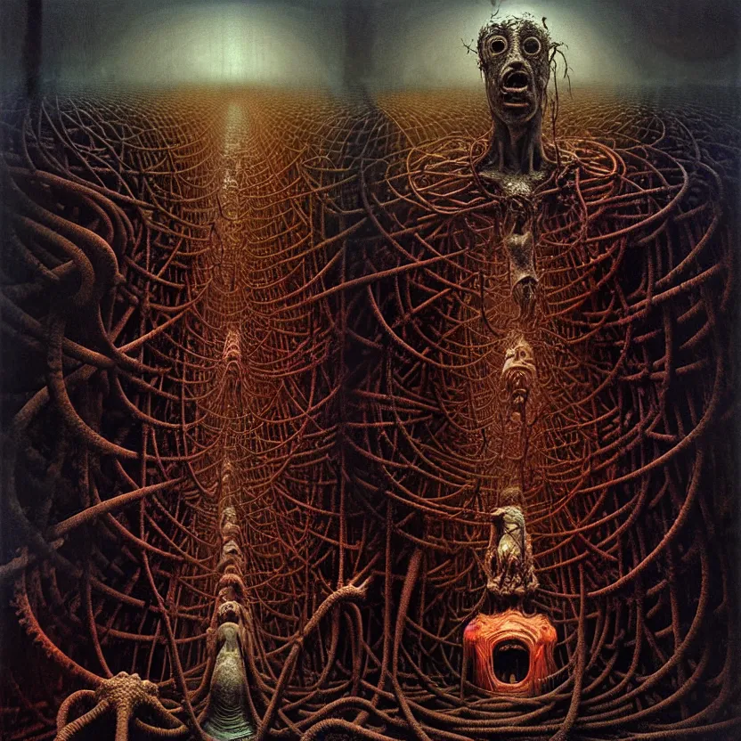 Prompt: a bizarre industrial nightmare full of unspeakable creatures, cosmic horror, by zdzisław beksinski and greg rutkowski and esao andrews and salvador dali, oil on canvas, technology, abstract, surreal, hell, horror, dark, intricate textures