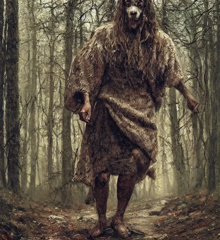 Image similar to slavic dog head man, woolen torso in medieval clothes, walking in the forest, orthodox saint christopher, art by luis royo, oil painting, painting by viktor vasnetsov, concept art, hyperrealism, beautiful, high resolution, trending on artstation,