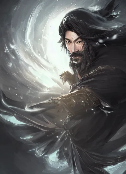 Prompt: a highly detailed illustration of Hiroyuki Sanada as wizard wearing black robe and mage hat, dramatic magic floating pose, intricate, elegant, highly detailed, centered, digital painting, artstation, concept art, smooth, sharp focus, league of legends concept art, WLOP