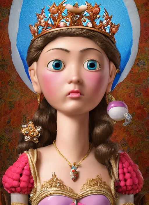 Image similar to closeup face profile portrait of tin toy catherine of alexandria as a fairytale princess wearing a crown eating cakes, bikini, depth of field, zeiss lens, detailed, symmetrical, centered, fashion photoshoot, by nicoletta ceccoli, mark ryden, lostfish, breathtaking, 8 k resolution, extremely detailed, beautiful, establishing shot, artistic, hyperrealistic, octane render