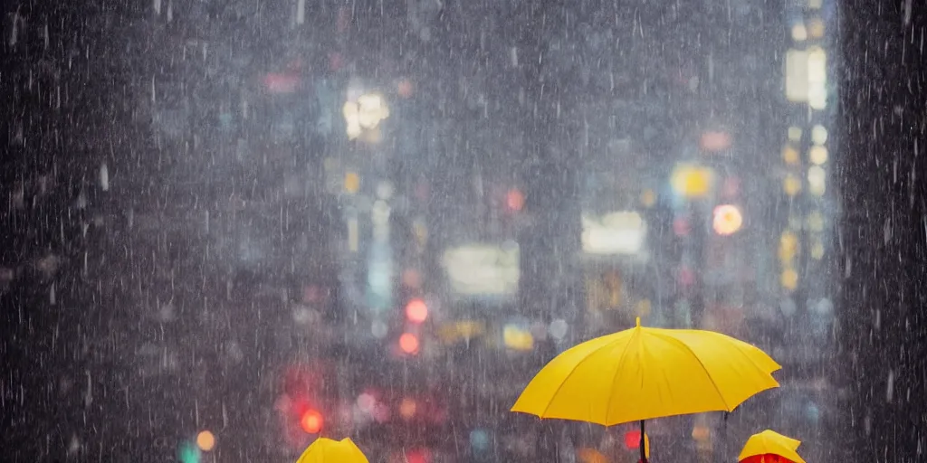 Image similar to a girl in a yellow raincoat and a red umbrella, standing in the rain on top of a roof, night, tokyo street, raining , wet, artstation, cgsociety, depth of field, bokeh, neon lights