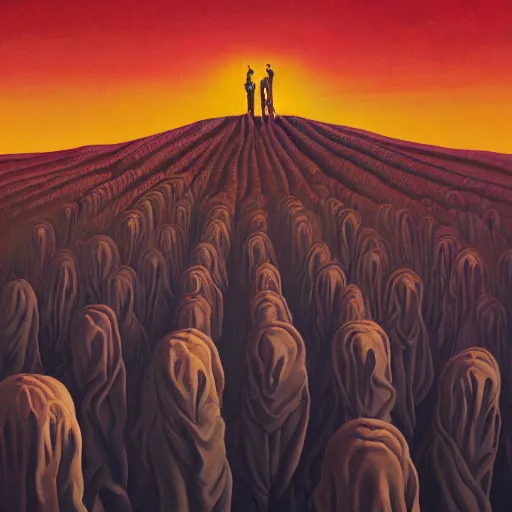 Image similar to a painting of a group of people standing on top of a hill, a surrealist painting by jeffrey smith, trending on artstation, psychedelic art, apocalypse landscape, dystopian art, apocalypse art