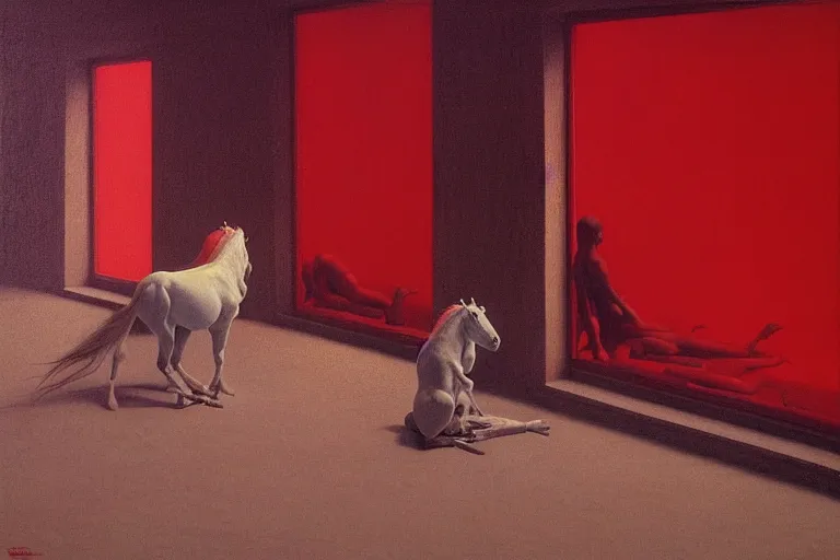 Prompt: only with white, a red horse, tokio, a lot of frogs watch, in the style of beksinski, parts by edward hopper, parts by rodcenko, parts by yue minjun, intricate and epic composition, red by caravaggio, insanely quality, highly detailed, masterpiece, red light, artstation, 4 k