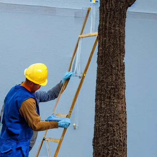 Prompt: construction worker painting a tree blue