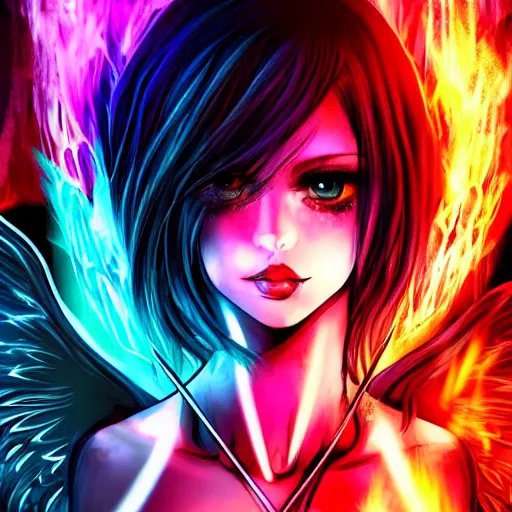 Prompt: villan angel handsome in love slayer art, night, electro lines, anime style, detailed face, high quality, smooth in 8k, sharp focus, beautiful scene, black border, beautiful scene with a lot of colors, colorful fire, many colors