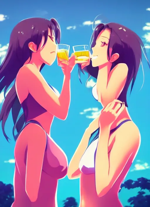 Prompt: two beautiful mothers drinking on a hot summer evening, summer clothes, gorgeous faces, thick lines, cinematic lighting, detailed anime art