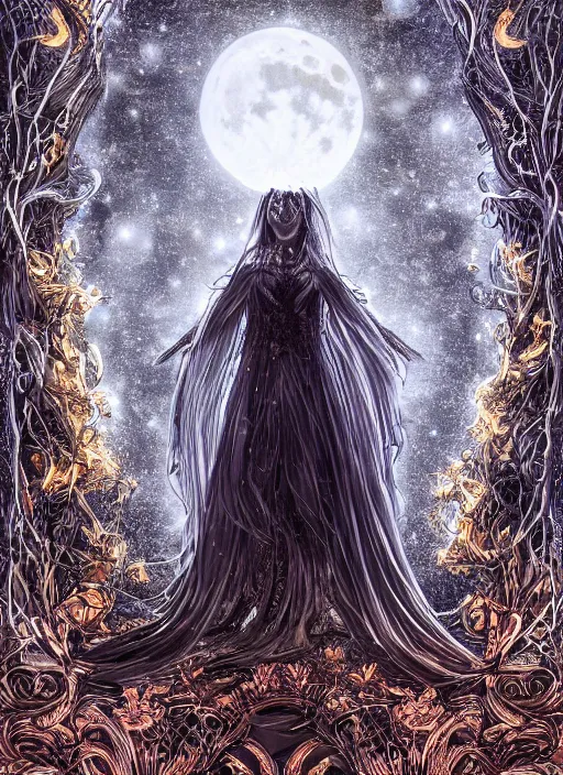 Image similar to glowing silver and golden elements, full close-up portrait, A beautiful dark witch in front of the full big moon, book cover, green forest, red white black colors, establishing shot, extremly high detail, foto realistic, cinematic lighting, pen and ink, intricate line drawings, by Yoshitaka Amano, Ruan Jia, Kentaro Miura, Artgerm, post processed, concept art, artstation, matte painting, style by eddie, raphael lacoste, alex ross