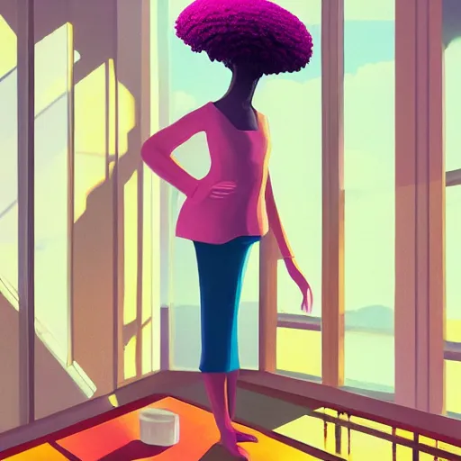 Image similar to giant flower as head, woman next to modern windows, luxury apartment, surreal photography, dramatic light, impressionist painting, digital painting, artstation, james gilleard