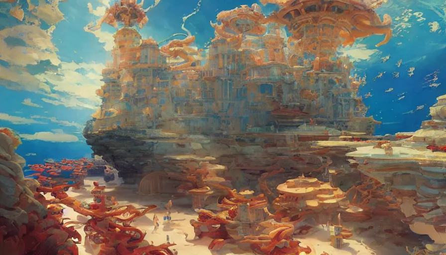 Prompt: RED Royal CRYSTAL castle built UNDER SEA, hyperdetailed, artstation, cgsociety,by studio ghibli painting,by Joaquin Sorolla rhads Leyendecker, by Ohara Koson and Thomas, 8k