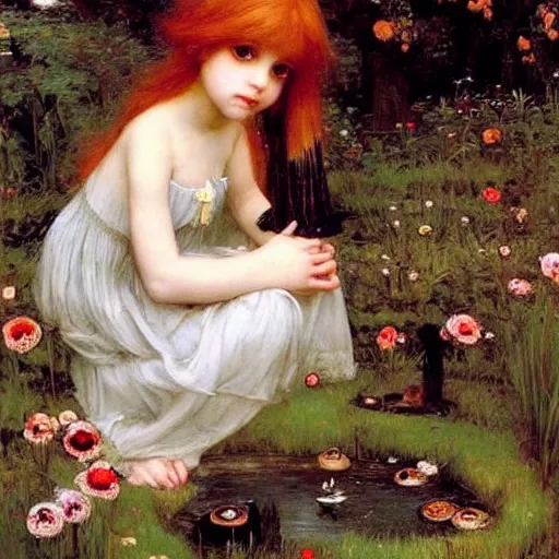 Image similar to fairy garden, beautiful, magical, young girls, ginger haired sweet girl, black haired goth girl, john william waterhouse, ethereal