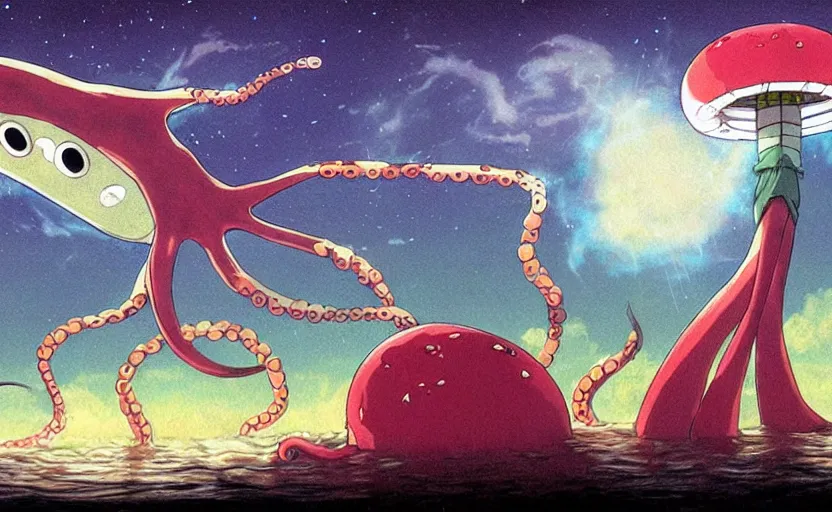 Image similar to a realistic cell - shaded studio ghibli concept art from paprika ( 2 0 0 6 ) of a flying multi - colored octopus from close encounters of the third kind ( 1 9 7 7 ) and a dimensional portal to another world above a flooded puma punku on a misty starry night. very dull colors, wide shot, hd, 4 k, hq