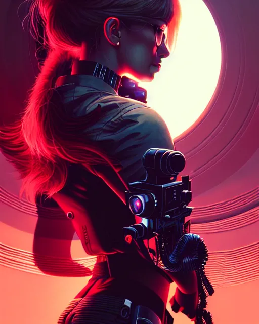 Prompt: cyberpunk synth, hyper - realistic portrait of a female hunter, dynamic wavy hair, intricately detailed background, detailed designs, digital painting, 4 k, by ilya kuvshinov, by greg rutkowski, atmospheric lighting