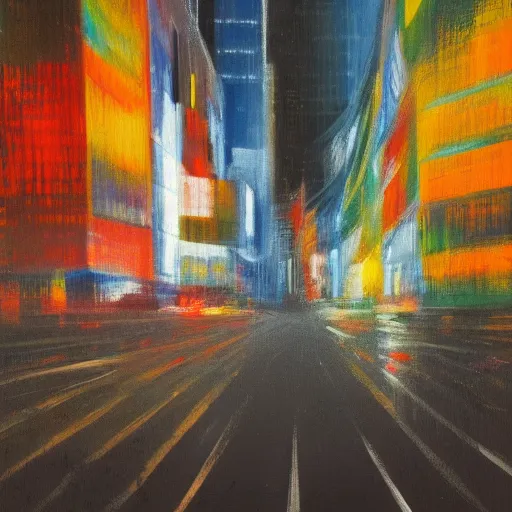 Image similar to an abstract picture of a city at night, an ultrafine detailed painting by gerhard richter, shutterstock contest winner, american scene painting, cityscape, oil on canvas, nightscape, 8 k