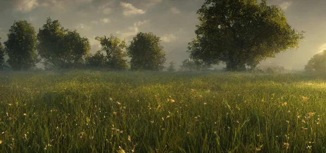 Image similar to a meadow shown from the beginning of the earth to the death of the universe, trending on artstation, 4 k, ray tracing, stunning visuals, concept art, unreal engine, highly detailed, cinematic lighting, wide angle lens
