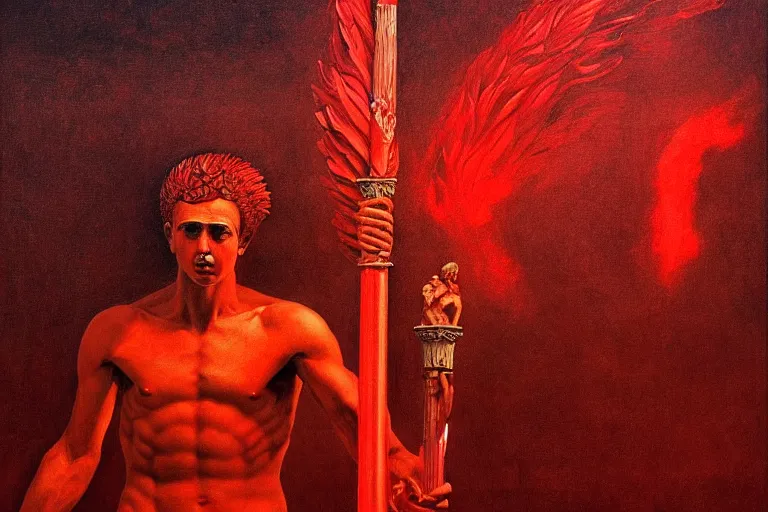 Prompt: only with red, a red melted apollo with a laurel wreath and a flaming sword announce win, athens in background, in the style of beksinski, parts by edward hopper, parts by rodcenko, parts by yue minjun, intricate and epic composition, red by caravaggio, insanely quality, highly detailed, masterpiece, red light, artstation, 4 k