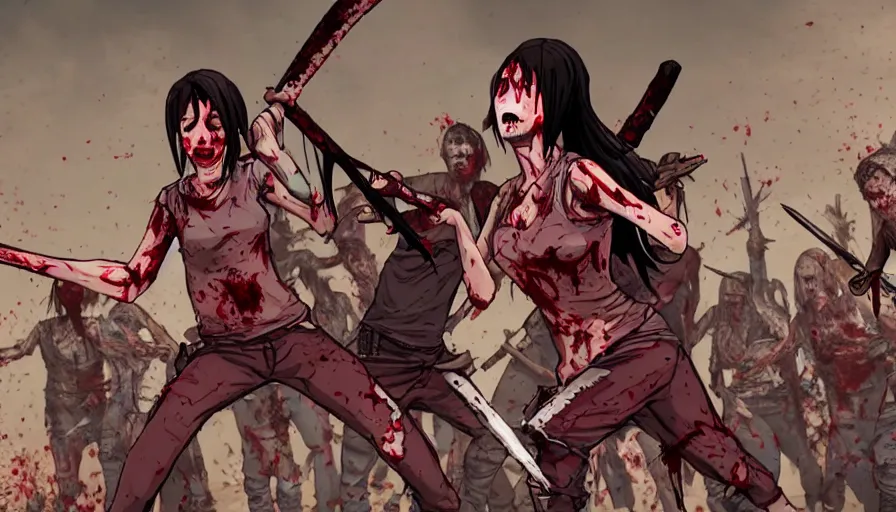 Prompt: full - body action shot of a well - armed female with tattered, blood - soaked clothing, using a sword to fight a horde of the walking dead, in the style of a highly - detailed anime characters