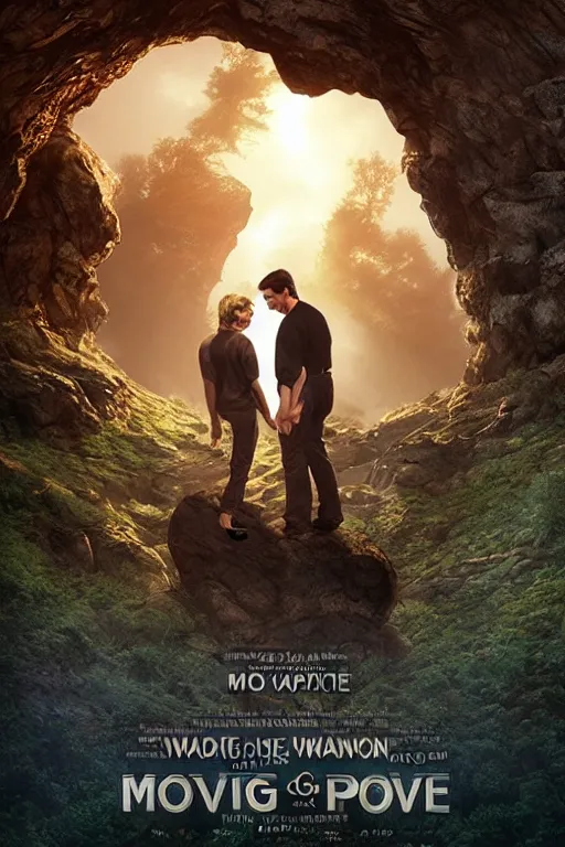 Image similar to movie poster for award winning move staring, tom cruise and hillary clintona beside large rock arch is a portal to another dimension, surrounded by misty forest, people wait to enter, D&D, fantasy, intricate, highly detailed, digital painting, artstation, concept art, smooth, sharp focus, illustration, art by artgerm and greg rutkowski and alphonse mucha