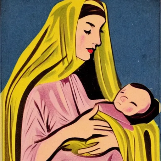 Image similar to 40s illustration of 80 year old sentimental Mediterranean skinned woman in ancient Canaanite clothing holding a newborn baby, crying, awe, love, ancient interior tent background