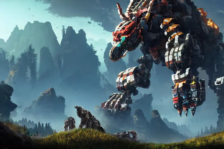 Image similar to tremortusk machine mecha animal beast robot of horizon forbidden west horizon zero dawn bioluminiscence global illumination ray tracing hdr fanart arstation by sung choi and eric pfeiffer and gabriel garza and casper konefal