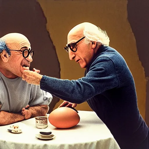 Prompt: danny devito and larry david fighting over a chair shaped like an egg, renaissance still life painting, masterpiece, realistic light and shadow