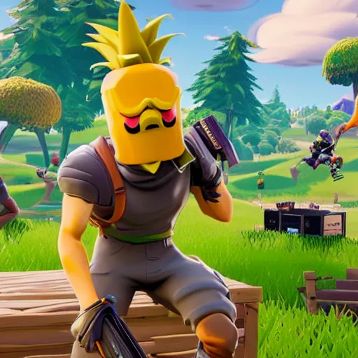 Prompt: anthropomorphic pineapple playing the video game fortnite, the pineapple is filled with beans