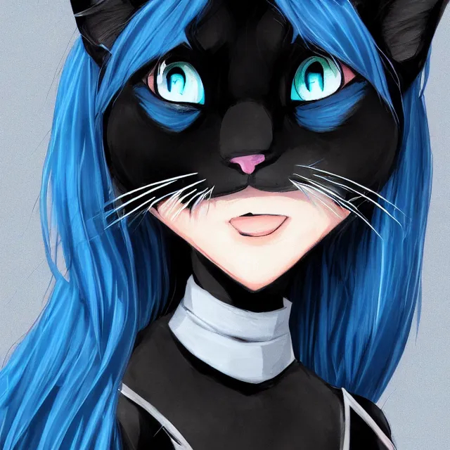 Prompt: anthro black cat with blue hair and blue eyes, pixiv, digital art