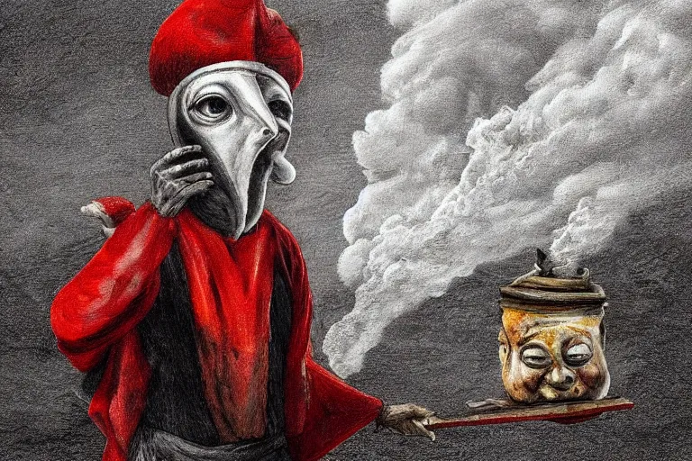 Prompt: a highly detailed pulcinella!!! from naples, pizza!!!, volcano, black sky, smoke, fire lava, post - apocalyptic vibe, full body, wide angle, an ultrafine detailed painting by rivorio mok, trending on deviantart, whimsical, lowbrow, perfect symmetrical face, sharp focus, octane, masterpiece