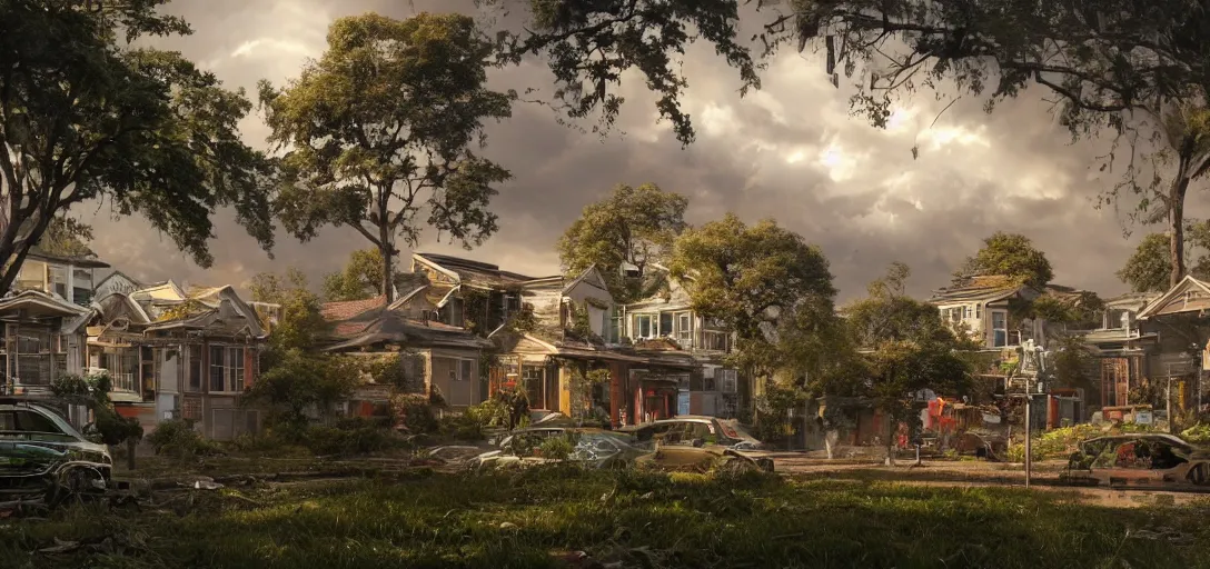 Image similar to A highly detailed crisp unreal engine render of A beautiful suburban townhouse city with overgrowth, perfect double rainbow in the sky, sunrays shine through the parted clouds, robot scraps on the ground, abandoned humanoid robots by wangchen-cg, 王琛,Neil blevins, by Greg Rutkowski, artstation, professional illustration, realistic, ultra detailed, atmospheric, cinematic lighting, movie concept art, hyper detailed, insanely detailed, corona render, octane render, colorful redshift render, 8k