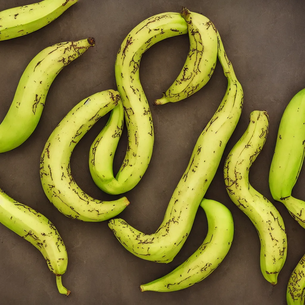 Image similar to very ripe bananas organized like a complex fractal, cracked, vegetable foliage, art nouveau fractal with petal shape, and stems, mesh roots, hyper real, food photography, high quality