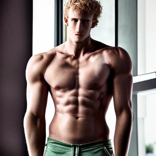 Image similar to a realistic detailed photo of a guy who is an attractive humanoid who is half robot and half humanoid, who is a male android, boxer logan paul, shiny skin, posing like a statue, blank stare, in a living room, on display, showing off his muscles