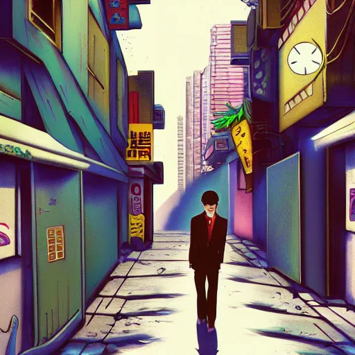 Prompt: salary man in small alley in golden gai in the 8 0 s, vaporwave nostalgia, 8 0 s anime, trending on artstation
