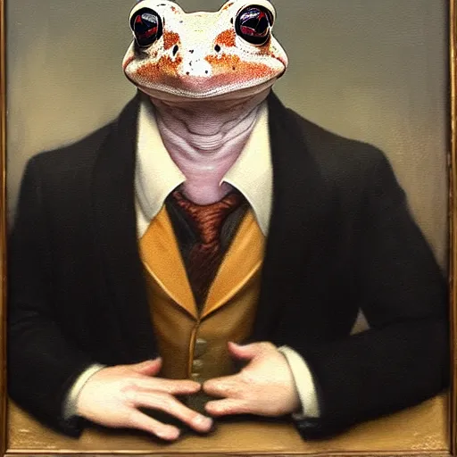 Image similar to portrait of mr. amazon milk frog looking off camera wearing a black suit jacket, tan vest, and white ascot, an american romanticism painting, a portrait painting, cgsociety, soft focus, oil on canvas