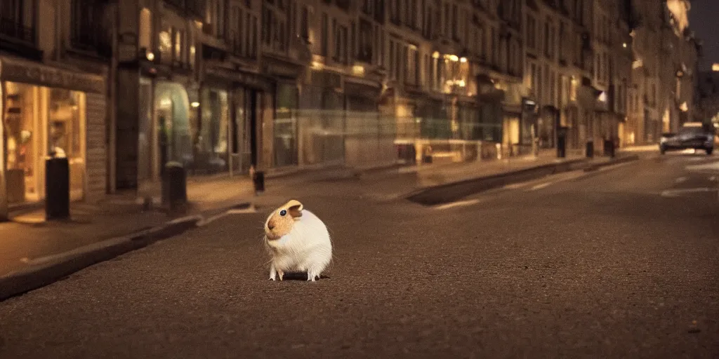 Image similar to a guinea pig sits looking out the window at night, watching cars go by on a road in Paris, 4k photorealism