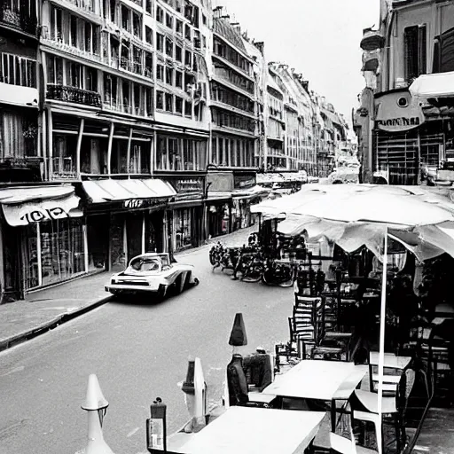 Prompt: une rue de paris vide avec des voitures garees, un restaurant avec une terrasse, des boutiques avec des neons, en debut de matinee en 1 9 7 5