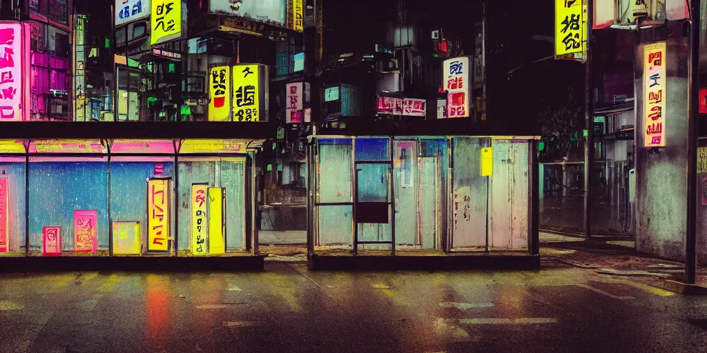 Prompt: analog photo of abandoned busstop in tokyo, at night, rain, pink yellow and blue neon signs
