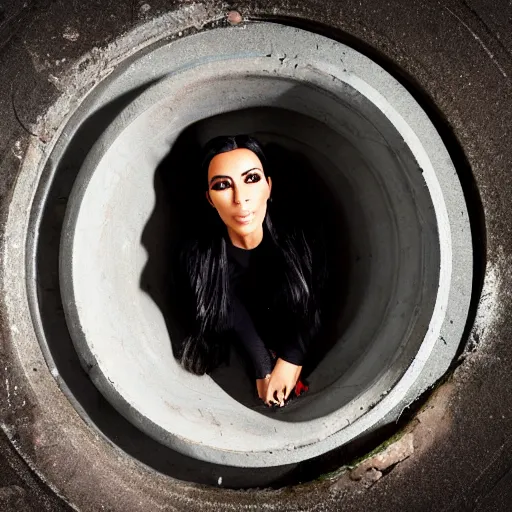 Image similar to photo of kim kardashian trapped inside a sewer grate