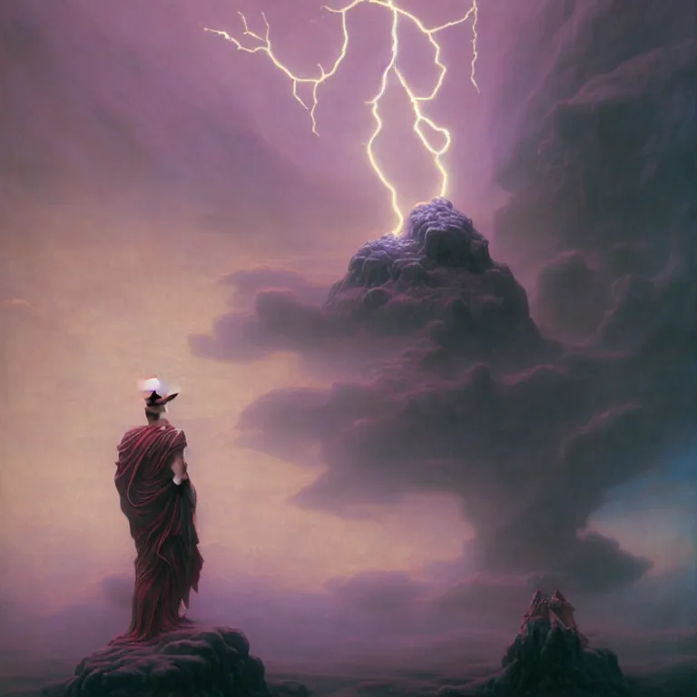 Image similar to asgardian god of thunder, covered with lightning by beksinski, psychedelic trippy visionary art, soft bloom lucid dream - like atmosphere, baroque painting, perfect composition, detailed octane render trending on artstation, 8 k artistic photography, volumetric cinematic perfect light, chiaroscuro, masterpiece, raphael, caravaggio, beksinski, rutkowski, beeple