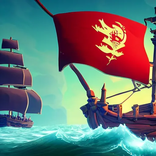 Prompt: sea of thieves scene with a hedgehog on a pirate ship, digital art, epic lighting, game screenshot, danish flag, danish flag on top of ship