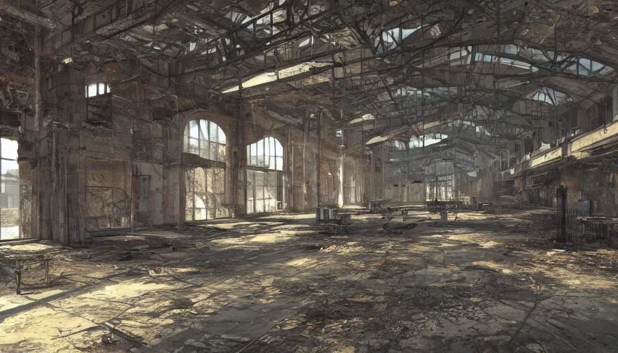 Image similar to Interior of a dusty old abandoned military warehouse, hyperdetailed, artstation, cgsociety, 8k