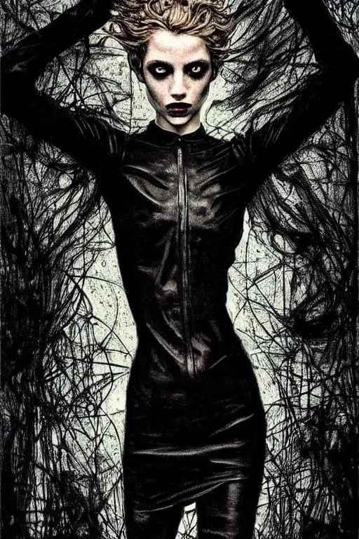 Image similar to dreamy gothic girl, black leather slim clothes, needles, beautiful body, detailed acrylic, grunge, intricate complexity, by dan mumford and by alberto giacometti, peter lindbergh